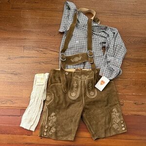 Embroidered Genuine Leather Brown Lederhosen with Suspenders